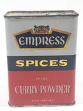 Vintage Empress Spices Pure Curry Powder 4 Oz Net Wt 3 3/4" Tall Tin Metal Container 1/4 Full