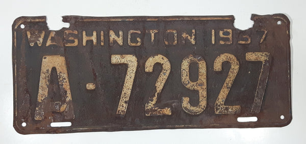 Antique 1937 Washington Metal Vehicle License Plate Tag A 72927