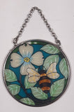 AMIA Bee with White Flower and Leaves Small 3 1/2" Painted Stained Glass Suncatcher