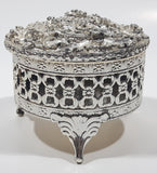 Flower Pattern Ornate Silver Look Metal Jewelry Trinket Box with Lid 3" Diameter