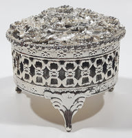 Flower Pattern Ornate Silver Look Metal Jewelry Trinket Box with Lid 3" Diameter