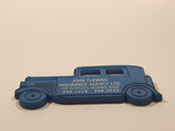 John Fleming Insurance Agency Ltd Blue Classic Car Shaped 1 1/2" x 3 1/4" Rubber Fridge Magnet Burnaby BC
