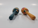 Vintage Cactus and Chili Pepper Hand Painted Wood Maracas Musical Instruments 4 3/4" Long