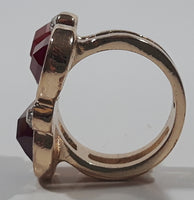 Costume Jewelry Triple Ruby Red Plastic and Clear Glass Gemstones Gold Tone Metal Ring