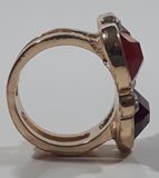 Costume Jewelry Triple Ruby Red Plastic and Clear Glass Gemstones Gold Tone Metal Ring