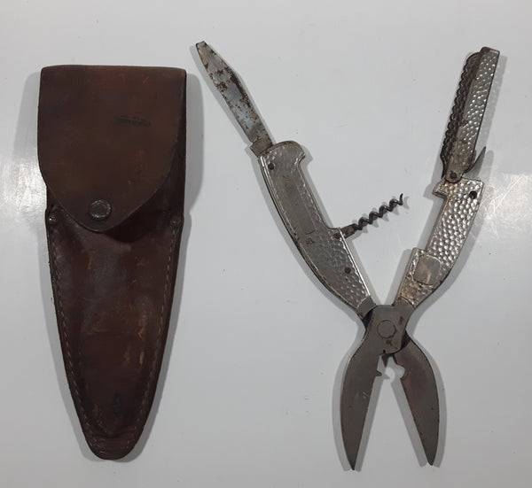 Rare Vintage Solingen Multi Tool Folding Pocket Knife in Brown Leather Holder Made in Germany