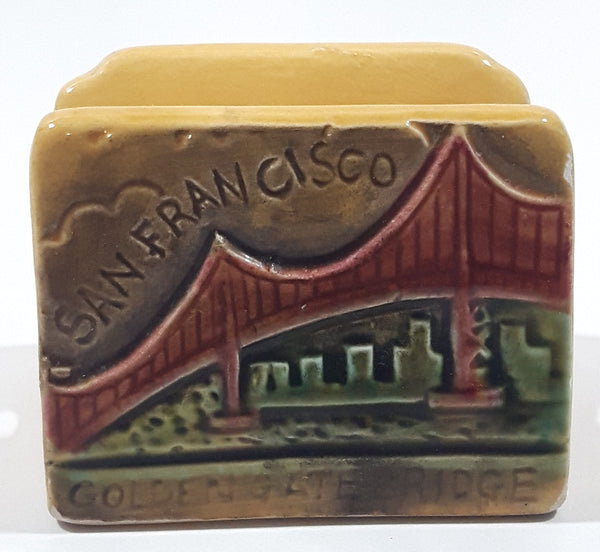 Vintage San Francisco Golden Gate Bridge and Cable Car 2 5/8" Wide Glazed Ceramic Small Notepad and Pencil Holder