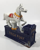 Vintage Trick Pony Horse Blue, White, and Dark Brown Cast Iron Mechanical Coin Bank