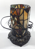 Vintage Heart Pattern Cylinder Shaped Footed Brass Metal Bottom 7 1/2" Tall Stained Glass Table Lamp