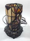 Vintage Heart Pattern Cylinder Shaped Footed Brass Metal Bottom 7 1/2" Tall Stained Glass Table Lamp