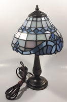 Vintage Blue and White Stained Glass Baroque European Style 11" Tall Brass Metal Table Lamp