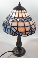 Vintage Blue and White Stained Glass Baroque European Style 11" Tall Brass Metal Table Lamp