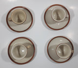 Set of 4 Stoneware Beige with Brown Trim Small Espresso Cups and Saucer Plates Made in China