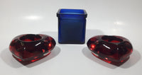 IKEA Blue Cube Shaped Glass Candle Holder with Two Red Heart Shaped Tealight Candle Holders