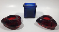 IKEA Blue Cube Shaped Glass Candle Holder with Two Red Heart Shaped Tealight Candle Holders