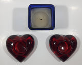 IKEA Blue Cube Shaped Glass Candle Holder with Two Red Heart Shaped Tealight Candle Holders