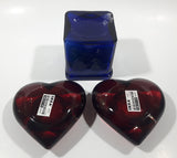 IKEA Blue Cube Shaped Glass Candle Holder with Two Red Heart Shaped Tealight Candle Holders