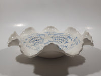 Vintage Grapes and Maple Leaf Pattern Embossed White and Blue Waved Frilled Edge 8" Ceramic Table Center Piece Candy Dish Bowl