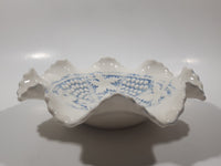 Vintage Grapes and Maple Leaf Pattern Embossed White and Blue Waved Frilled Edge 8" Ceramic Table Center Piece Candy Dish Bowl