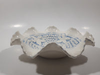 Vintage Grapes and Maple Leaf Pattern Embossed White and Blue Waved Frilled Edge 8" Ceramic Table Center Piece Candy Dish Bowl