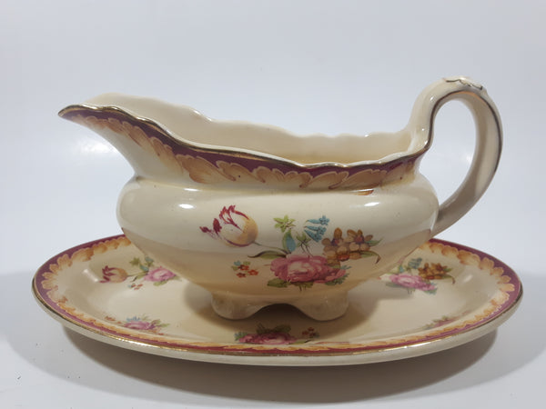 Vintage LEDA Royal Stafford Shire Pottery A.J. Wilkinson Ltd Honeyglaze Oberon Footed Gravy Boat and Plate Made in England Both Numbered 1000