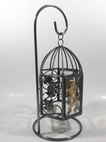 Glass Leaf Pattern Pressed Real Dried Flowers Metal Bird Cage Style Hanging Candle Holder