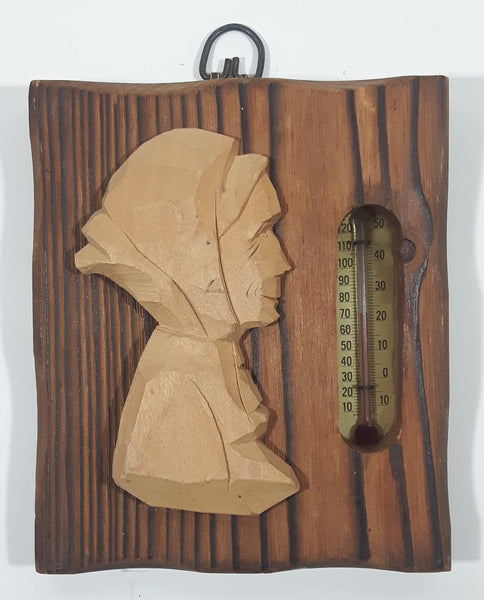 Vintage Audet Rue Du Loup Pte Wood Carved Head on Plaque Inset Thermometer Gauge Made in Quebec