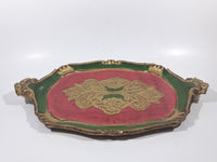 Antique Italian Florentine Red Green Gold Hand Painted 9" x 14" Ornate Wood Serving Tray