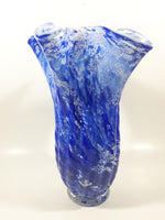 Beautiful Blue and White Twisted Ruffled Top 10 1/2" Tall Art Glass Vase