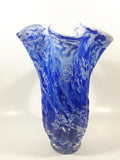 Beautiful Blue and White Twisted Ruffled Top 10 1/2" Tall Art Glass Vase