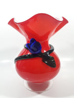 Beautiful Red with Applied Blue Rose and Green Leaves Ruffled Top 10" Tall Art Glass Pedestal Vase