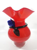 Beautiful Red with Applied Blue Rose and Green Leaves Ruffled Top 10" Tall Art Glass Pedestal Vase