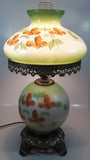 Vintage 1970 EF Industries Hand Painted Red Flowers and Leaves Pattern Mint Green Glass 22" Tall 3-Way Hurricane Table Lamp Electric