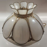 Antique Tulip Style Ornate Metal Bent Slag Glass White 18" Hanging Swag Lamp Two Cracks