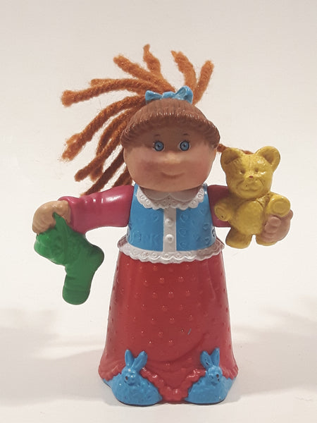 1992 McDonald's CPK Cabbage Patch Kids Character Lindsey Elizabeth with Yellow Teddy Bear and Green Christmas Stocking 3 1/4" Tall Toy Figure