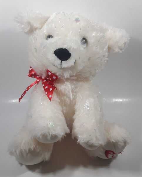 Sparkling White Teddy Bear Plush with Red and White Polka Dot Bow 12" Tall Stuffed Animal Toy Plush