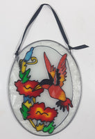 Hummingbird Feeding on Red Flowers Oval Shaped 5" x 6 3/4" Stained Glass Suncatcher