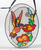 Hummingbird Feeding on Red Flowers Oval Shaped 5" x 6 3/4" Stained Glass Suncatcher