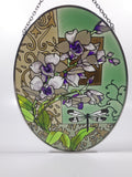 Dragonfly and Purple White Flower Themed Green Leaves Color Oval Shaped Hand Painted Stained Glass Window Sun Catcher Hanging