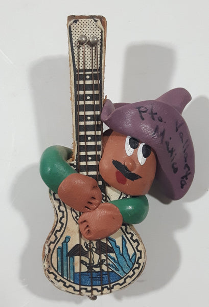 Puerto Vallarta Mariachi Guitar Player 1 3/4" x 2 3/8" Wood and Clay Fridge Magnet