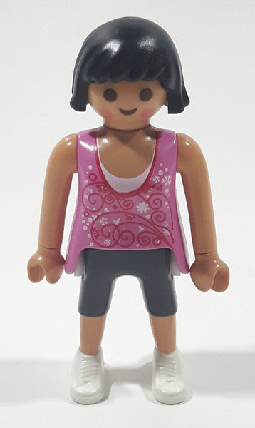 2010 Geobra Playmobil Woman with Black Hair Pink Tank Top and Dark Grey Capri Pants 3" Tall Toy Figure