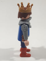 1993 Geobra Playmobil Medieval Castle Brown Hair King with Crown In Blue and Grey Armor Top 3" Tall Toy Figure