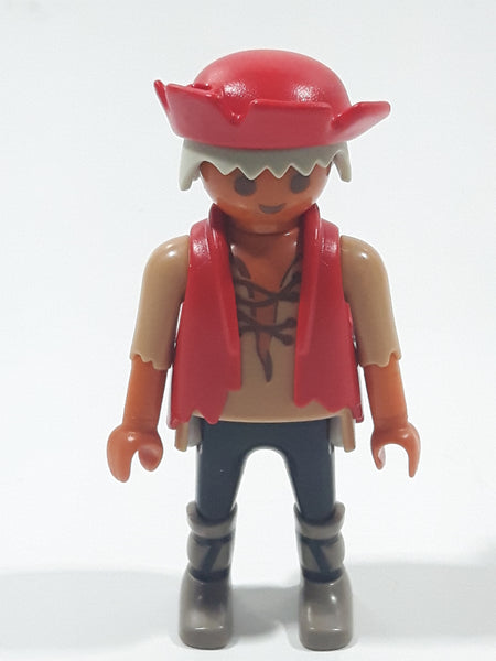 2002 Geobra Playmobil Grey Hair Pirate Red Hat Red Vest Brown Shirts Black Pants 3" Tall Toy Figure