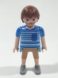 2010 Geobra Playmobil Brown Hair Stubble Beard Mixed Blue Striped Shirt Brown Capri Pants 2 3/4" Tall Toy Figure