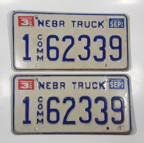Set of 2 1996 Nebraska 3 Ton Truck Commercial White With Blue Letters Metal Vehicle License Plate Tag 1 62339