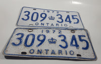 Set of 2 1972 Ontario White With Blue Letters Metal Vehicle License Plate Tag 309 345