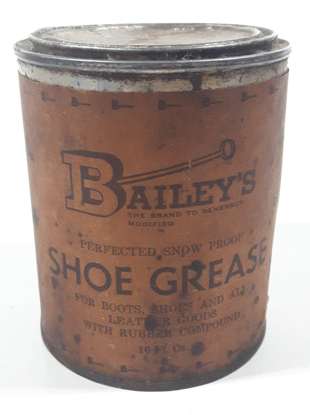 Antique Bailey Mfg. Co. Bailey's Perfected Snow Proof Shoe Grease 16 Fl. Oz. Metal Can with Paper Label