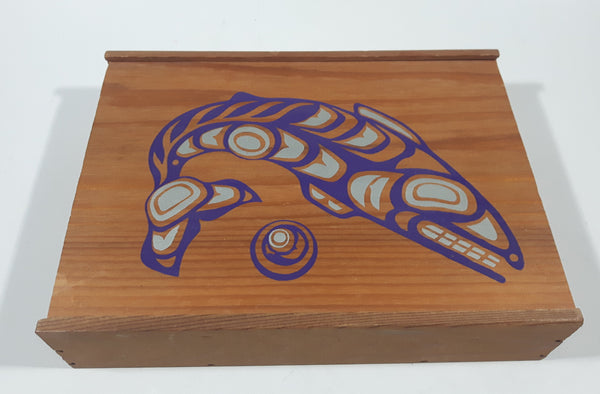 Purple Spirit Salmon Fish Native Aboriginal Art 8 1/2" Long Wood Box with Sliding Lid