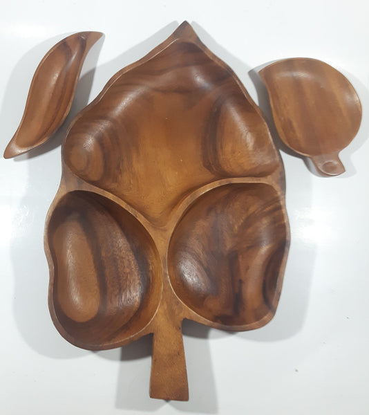 Vintage Mid Century Large Leaf Shaped Carved Teak Wood 20" Three Compartment Snack Tray Serving Platter with Two Side Dishes