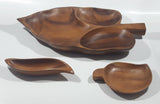 Vintage Mid Century Large Leaf Shaped Carved Teak Wood 20" Three Compartment Snack Tray Serving Platter with Two Side Dishes